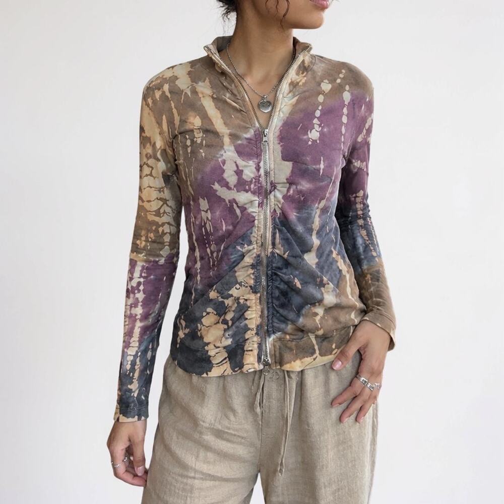 Vintage Y2K Barbara Lesser Fibers Tie Dye Zip Front Cotton Ruched Jacket USA M